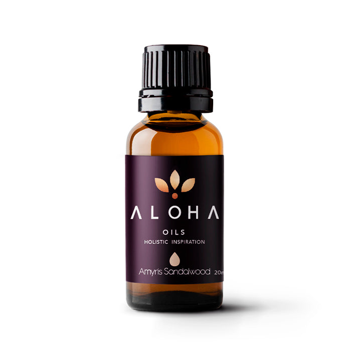 A 20ml amber glass bottle of Aloha Oils Amyris Sandalwood essential oil with a sleek black cap and a modern purple label featuring the Aloha Oils logo and the tagline 'Holistic Inspiration.'