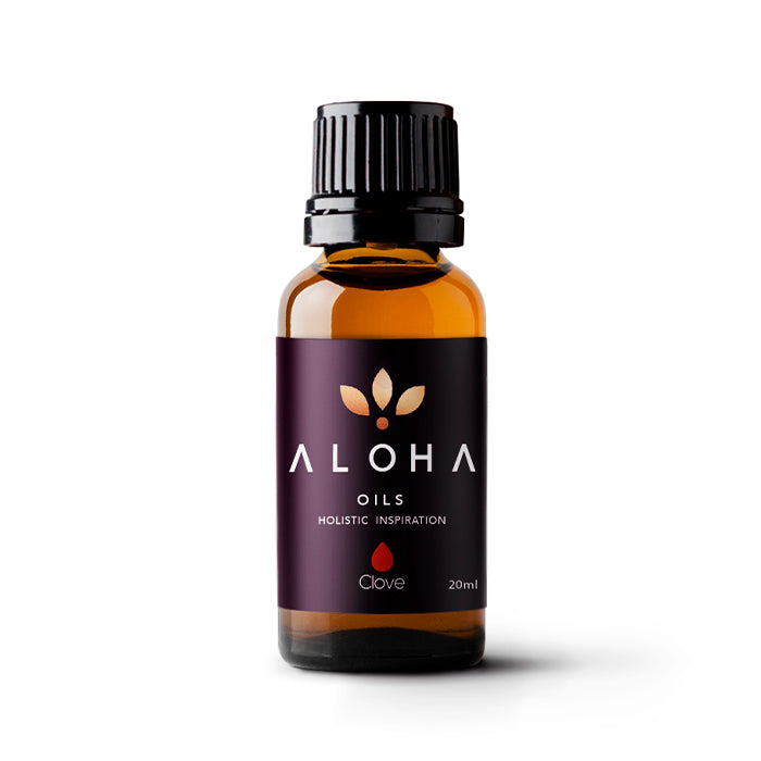 A 20ml amber glass bottle of Aloha Oils Clove essential oil with a sleek black cap and a modern purple label featuring the Aloha Oils logo and the tagline 'Holistic Inspiration.'