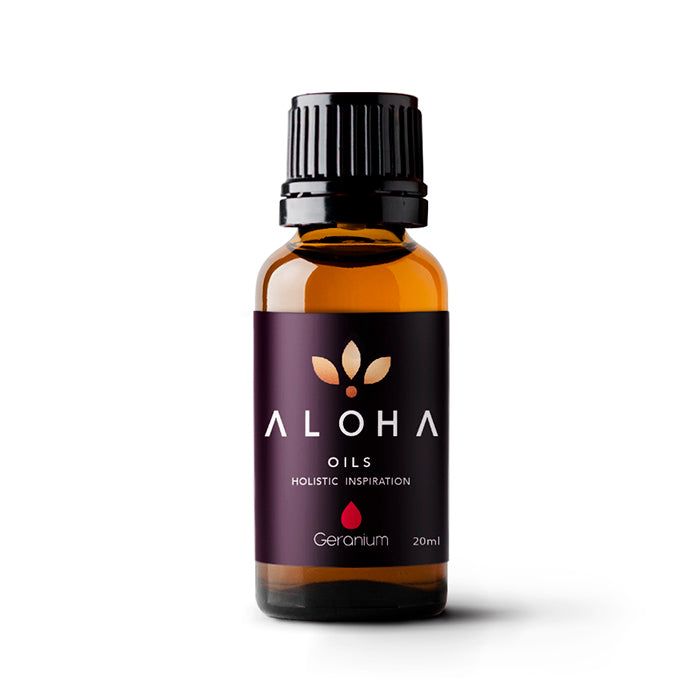 A 20ml amber glass bottle of Aloha Oils Geranium essential oil with a sleek black cap and a modern purple label featuring the Aloha Oils logo and the tagline 'Holistic Inspiration.'