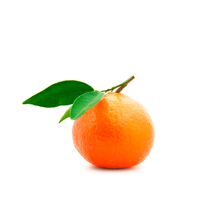 A ripe tangerine with a vibrant orange peel, attached to a stem with two fresh green leaves, displayed against a white background.